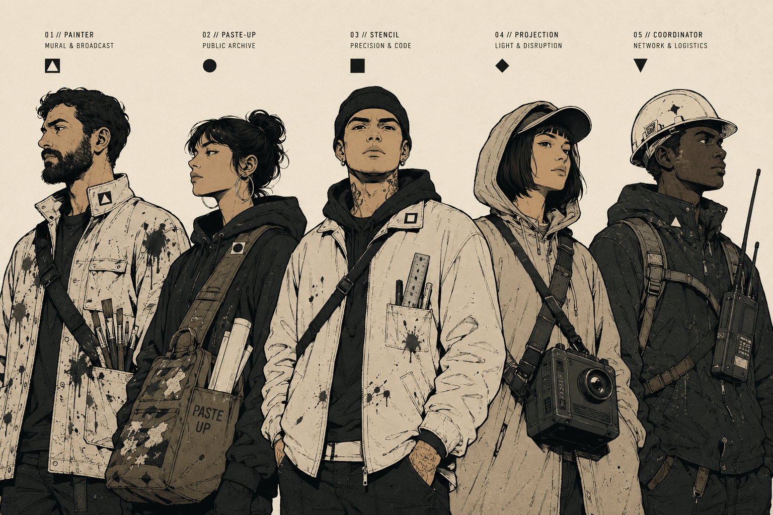 Six VANDALS members — one from each faction — standing in a row